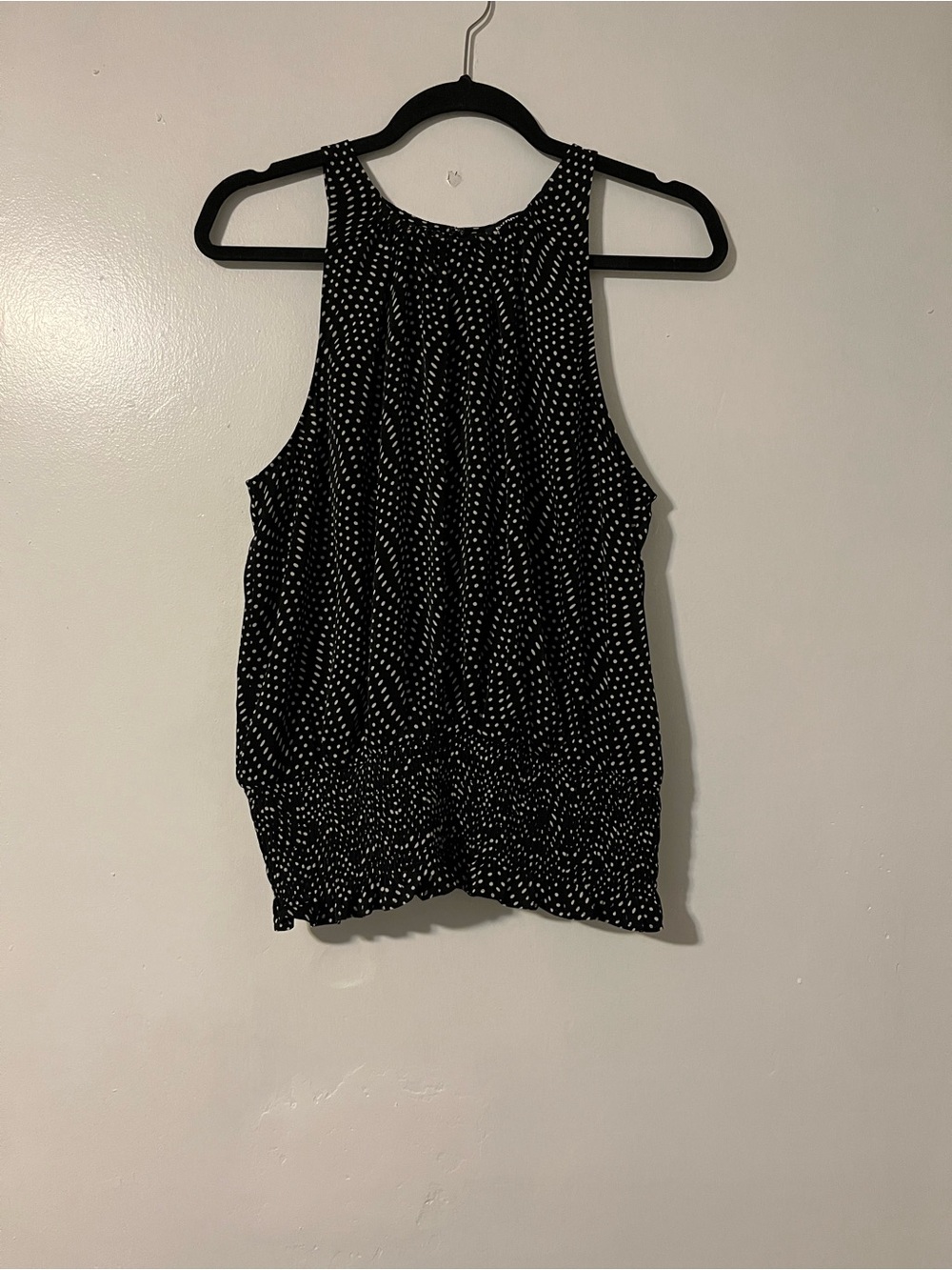 Express Black Tank Top with White Dot Print Smocked Hem